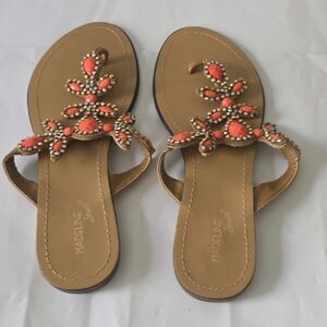 Madeline Stuart Coral and Tan Beaded Sandals